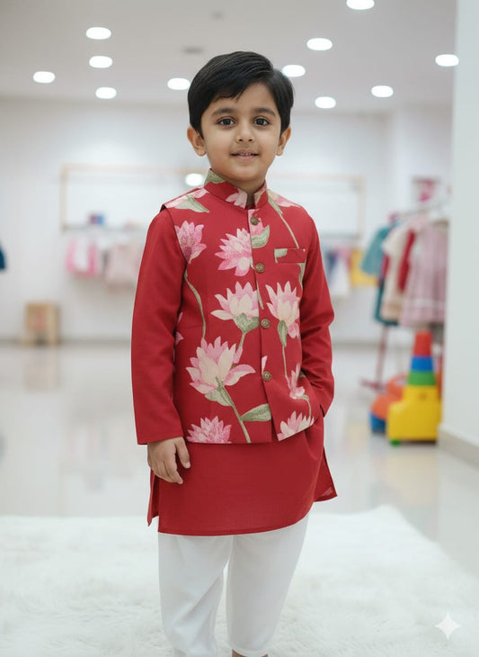 Red Cotton Floral Kurta Pajama Jacket Set For Kids Boy