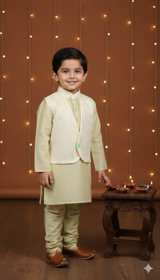 Pista Green Cotton Doria Chikankari Jacket Set For Kids Boy