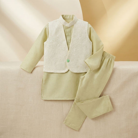 Pista Green Cotton Doria Chikankari Jacket Set For Kids Boy