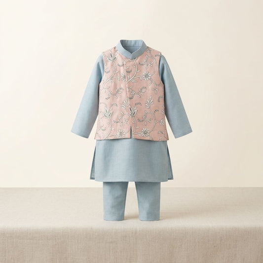 Gray Cotton Doria Attach Embroidery Jacket Set For Kids Boy