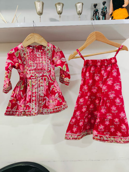 Cherry Red Cotton Embroidery Floral Sharara Set For Kids Girl