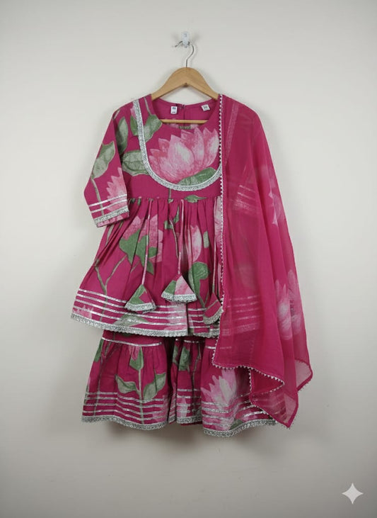 Pink Cotton Floral Frock Sharara Set For Kids Girl