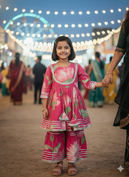 Pink Cotton Floral Frock Sharara Set For Kids Girl