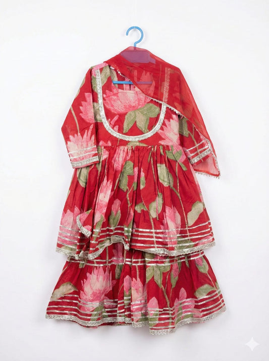 Red Cotton Floral Sharara Set For Kids Girl