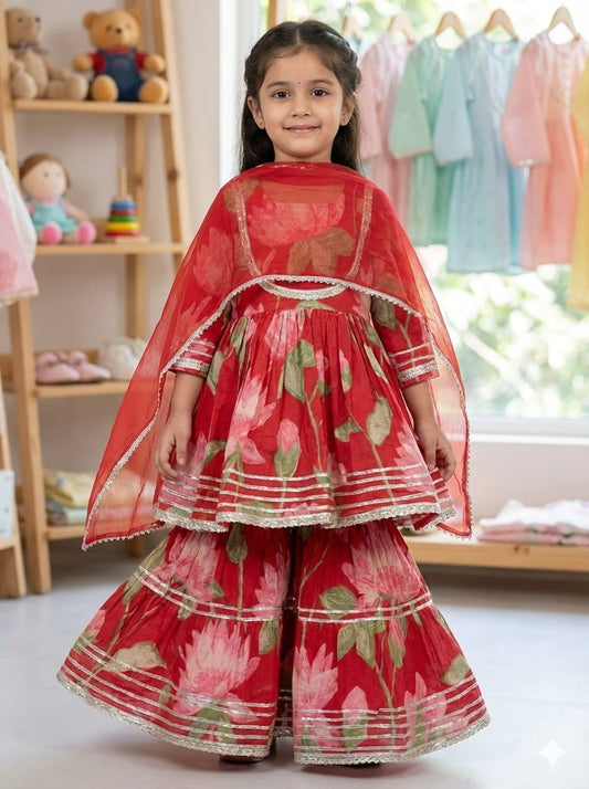 Red Cotton Floral Sharara Set For Kids Girl