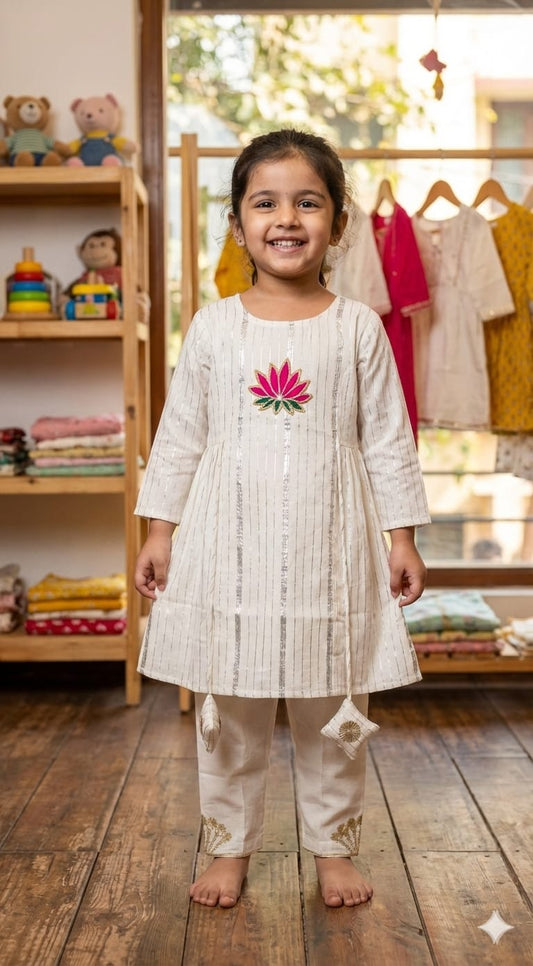 Off White Cotton Lurex Kurti Pant Set For Kids Girl