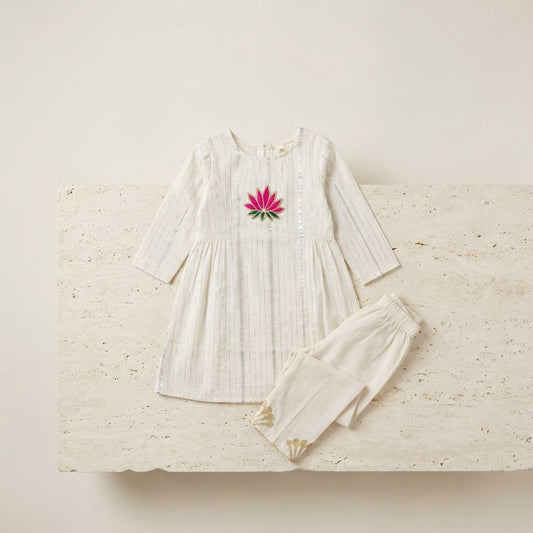 Off White Cotton Lurex Kurti Pant Set For Kids Girl