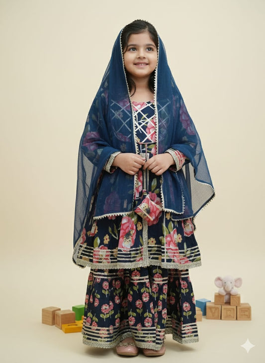 Dark Blue Cotton Floral Jari Sharara Set For Kids Girl