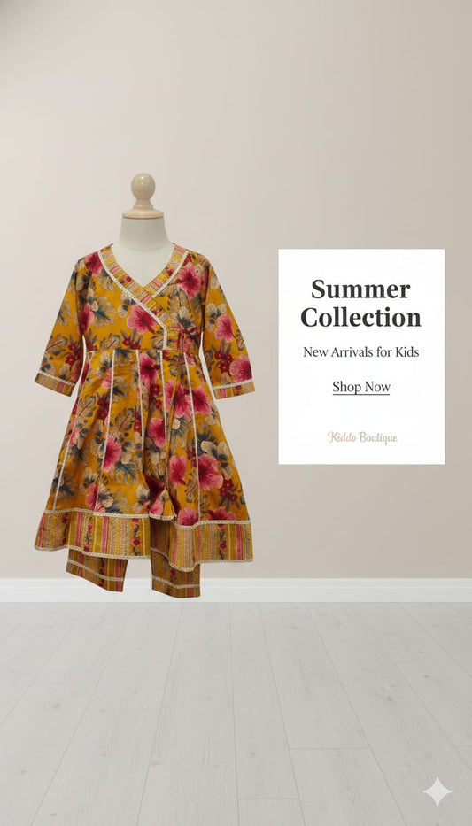 Mustard Cotton Floral Anarkali Set For Kids Girl