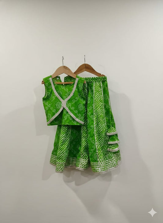 Mint Green Cotton Lehariya Jari Lahenga Set For Kids Girl
