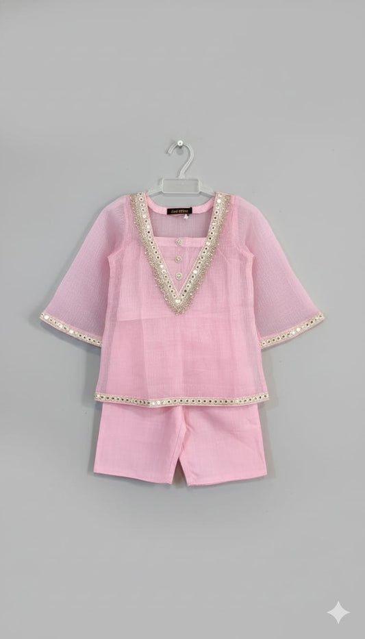 Pink Cotton Kota Doria Kurti Pant Set For Kids Girl