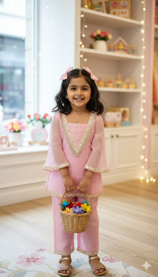 Pink Cotton Kota Doria Kurti Pant Set For Kids Girl