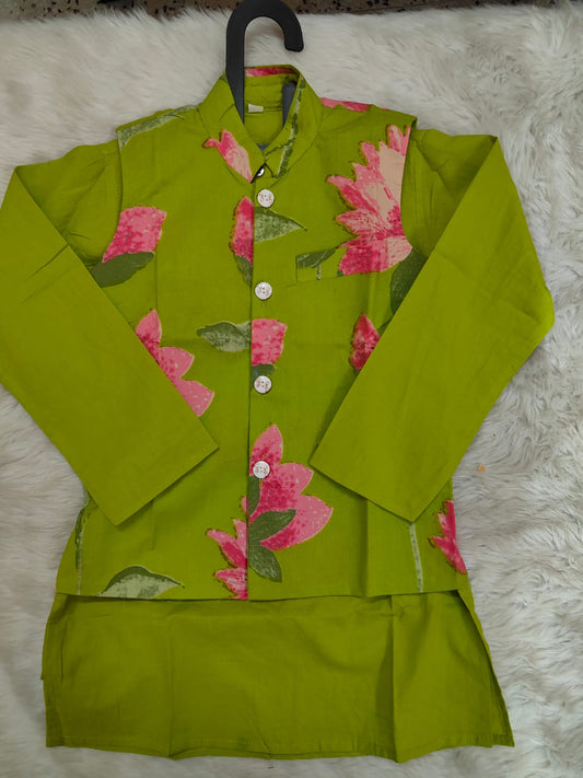 Mint Green Cotton Floral Kurta Pajama Jacket Set For Kids Boy