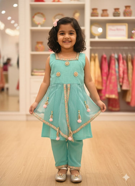 Angoori Green Cotton Zig Zag Kota Doria Set For Kids Girl