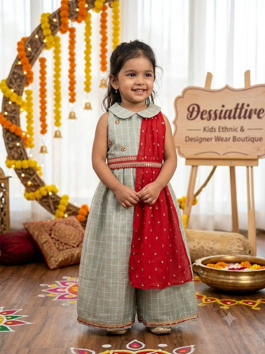 Girls Sage Green & Red  Palazzo Set with Dupatta