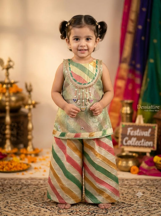 Girls Mint & Pink Kurta Palazzo Set