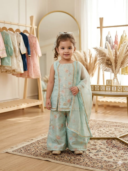 Girls Sage Green Kurta Palazzo Suit Set