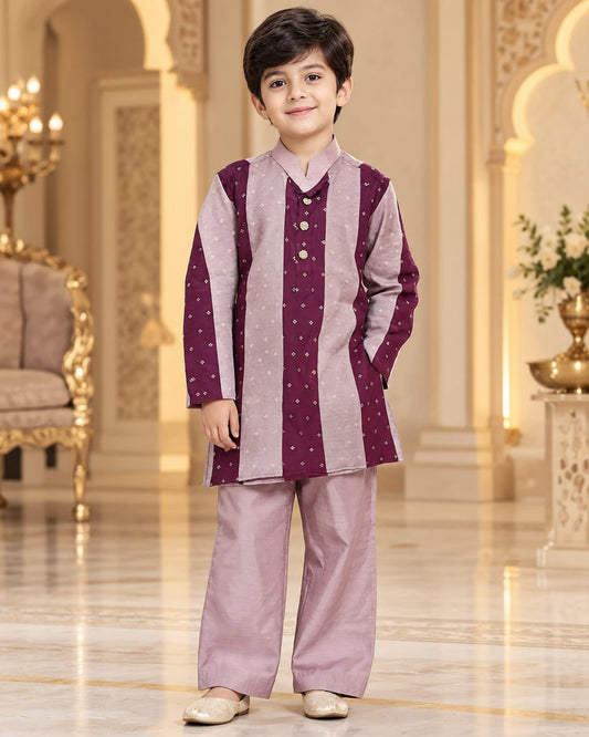 Boys Purple & Lavender Striped Cotton Kurta Pajama Set