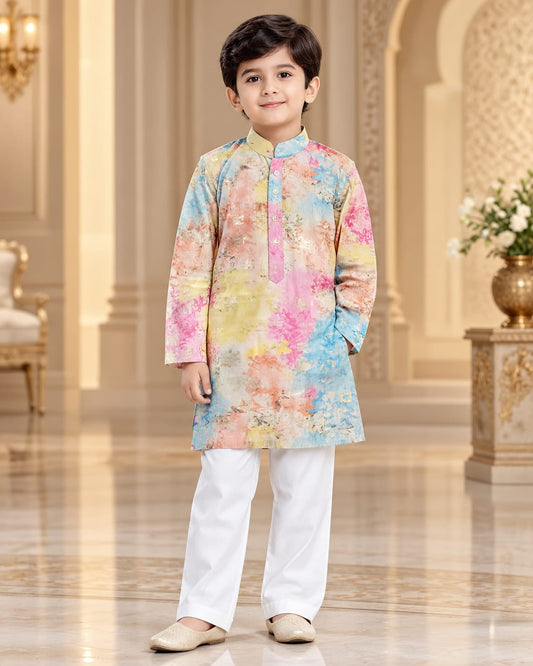 Boys Pastel Tie-Dye Cotton Kurta Pajama Set