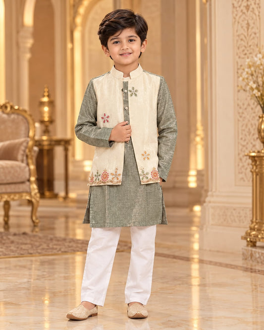 Boys Olive Green Ethnic Kurta Pajama with Nehru Jacket