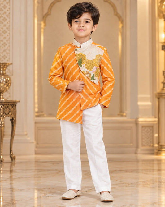 Boys Orange Ethnic Kurta Pajama with Attached Jacket