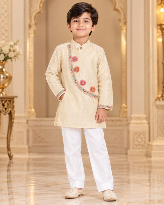 Boys Cream  Kurta Pajama with Attached Jacket