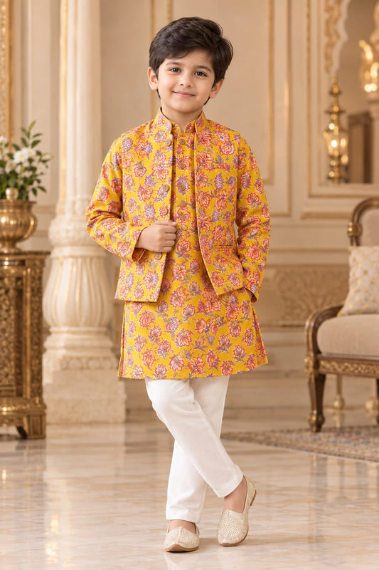 Boys Golden Yellow Full Nehru Jacket Kurta Pajama Set