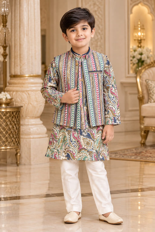 Boys Grey Geometric Print Nehru Jacket Kurta Pajama Set