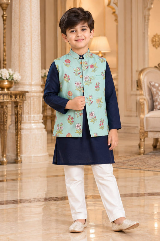 Boys Teal & Navy Blue Nehru Jacket Kurta Pajama Set