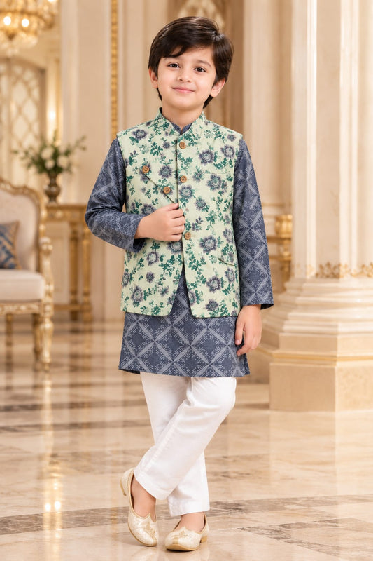 Boys Green Floral Print Nehru Jacket Kurta Pajama Set