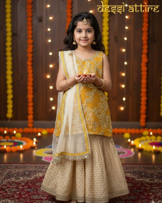Girls Golden Yellow Kurti Pant Set