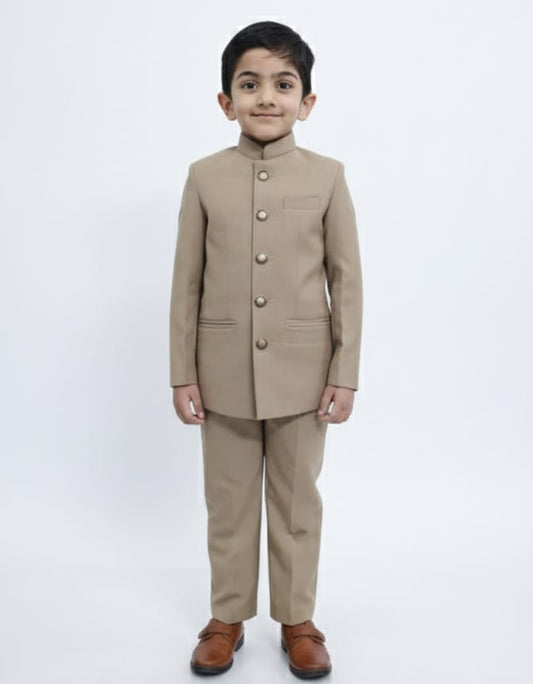Boys Khaki Beige Cotton Prince Suit Kurta Pajama Set