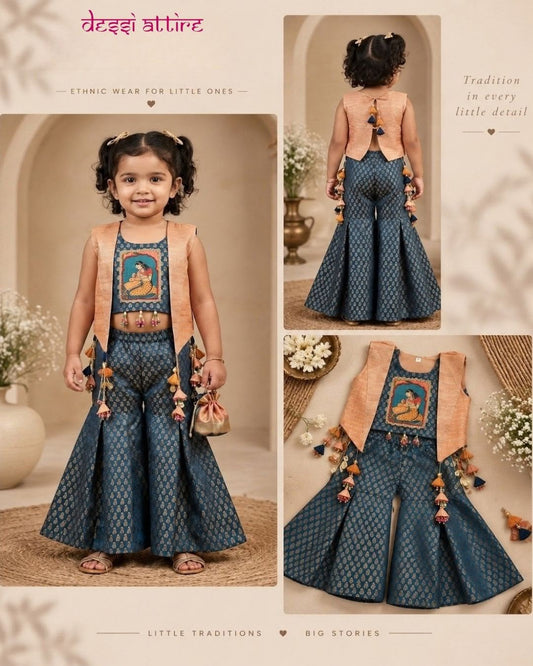 Girls Teal Blue Embroidered Sharara Set