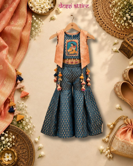 Girls Teal Blue Embroidered Sharara Set