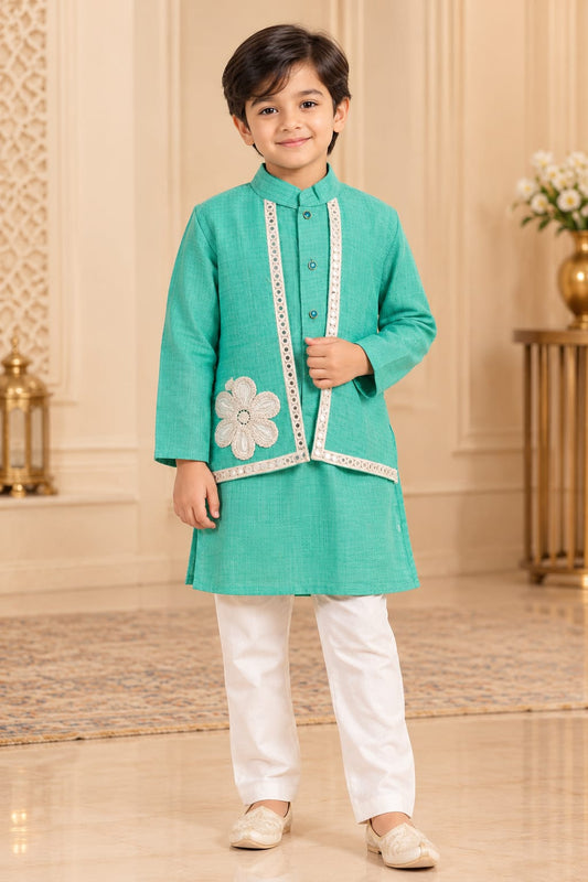 Boys Teal Attach Jacket Kurta Pajama Set
