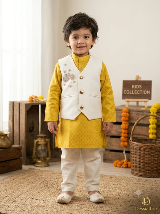 Boys Mustard Yellow Attach Jacket Kurta Pajama Set