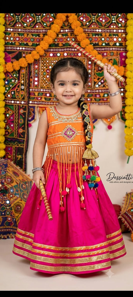 Pink & Orange Lehenga Set For Kids Girl
