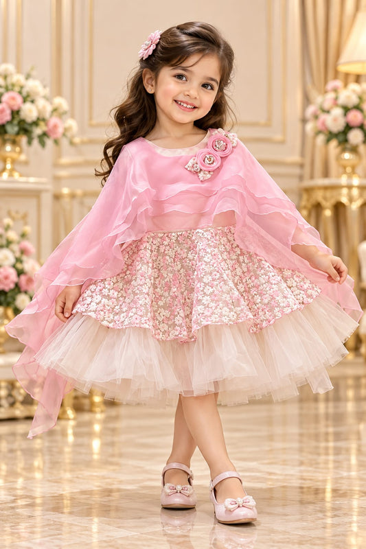 Girls Pink Floral Embroidered Tulle Party Dress