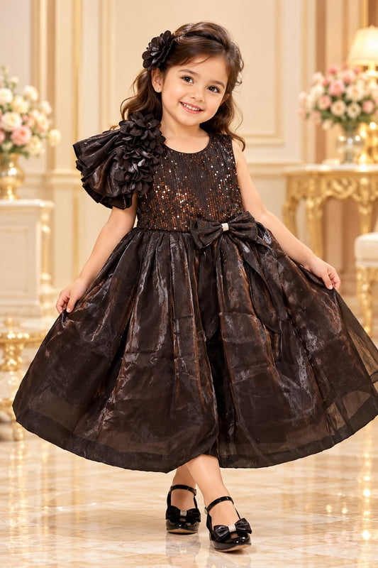 Girls Black Floral Embroidered Puff Sleeve Party Gown