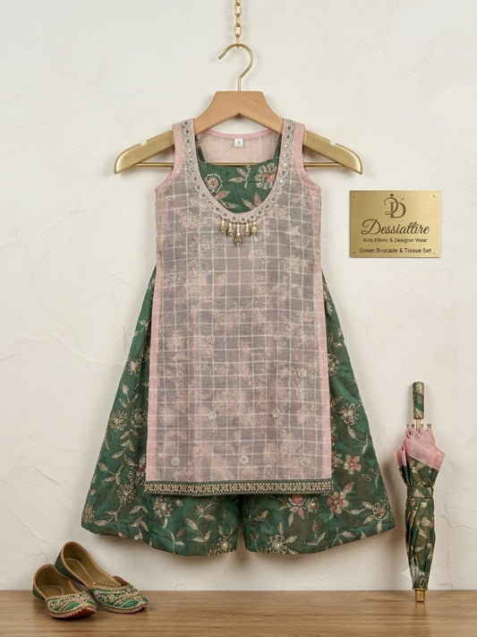 Girls’ Grey & Green Printed Kurta Palazzo Set