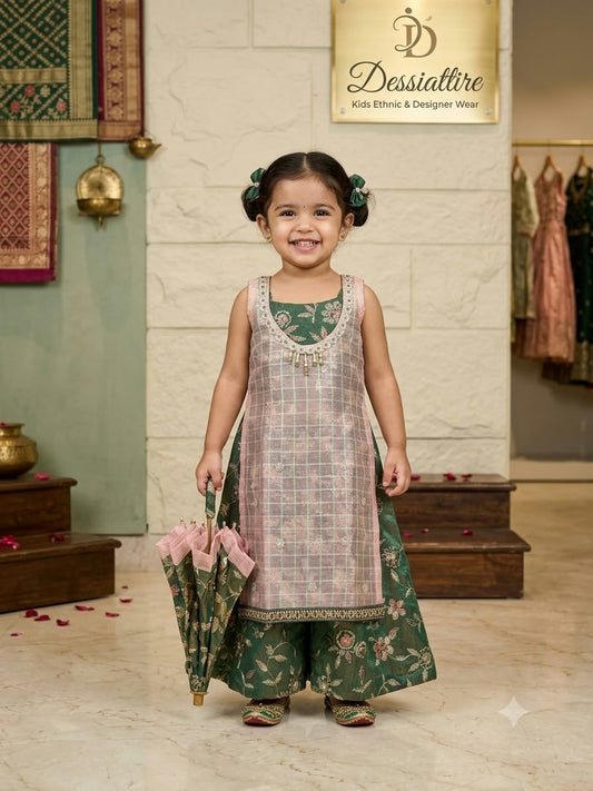 Girls’ Grey & Green Printed Kurta Palazzo Set
