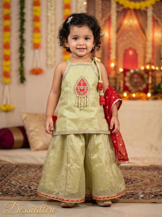 Girls’ Beige Printed Festive Co-ord Palazzo Set