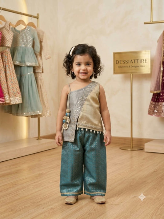 Girls’ Silver Asymmetric Kurta & Teal Blue Pants Set