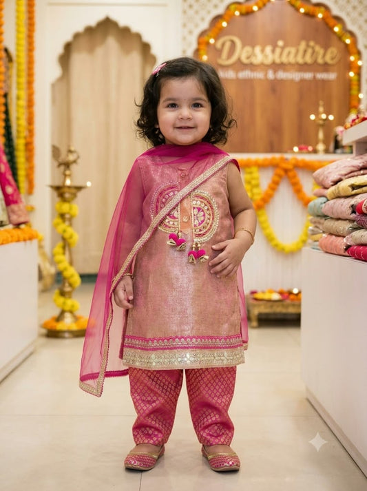 Girls’ Pink Embroidered Kurta & Pants Set with Dupatta