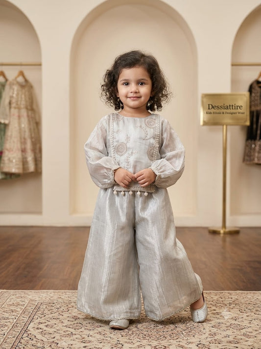 Girls’ Gold & Purple Shimmery Embroidered Plazzo Set