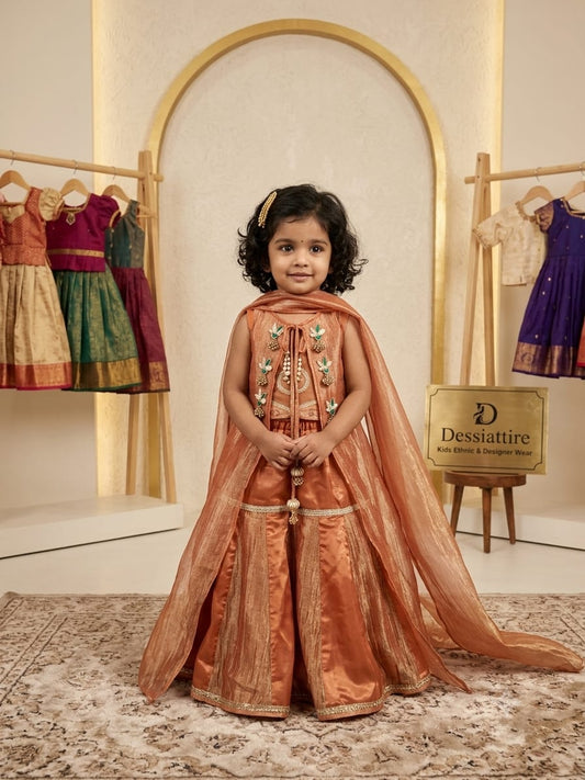 Girls’ Peach Embroidered Layered Party Gown