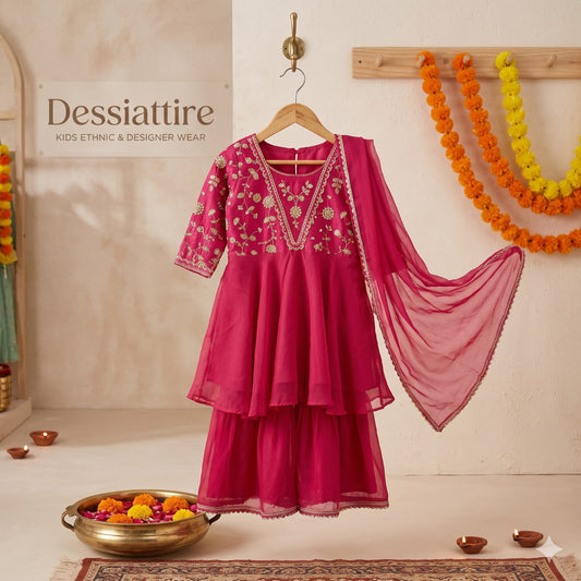 Girls’ Pink Embroidered Asymmetric Layered Kurta Set