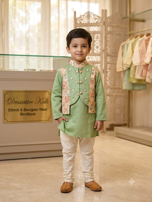Mint Green Nehru Jacket with Kurta and Pyjama Set for Boys