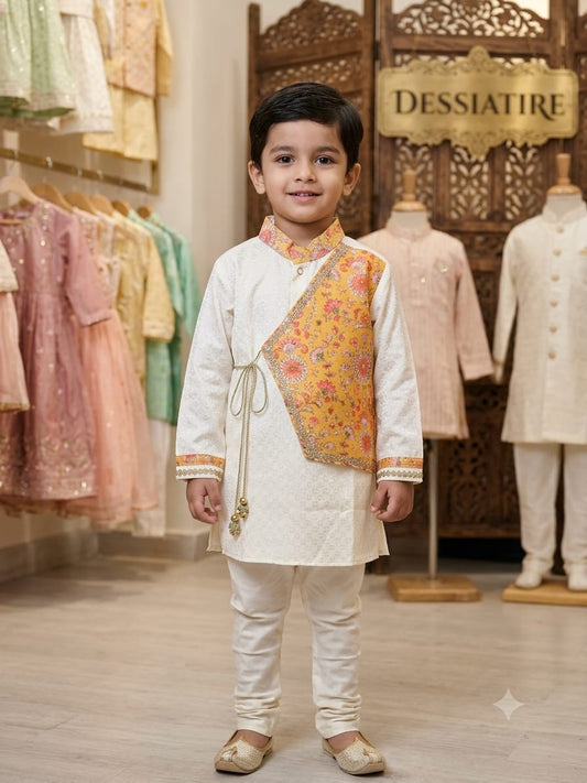 Angrakha Style Nehru Jacket with Kurta and Pyjama Set for Boys