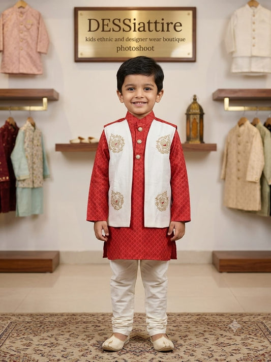 Red Nehru Jacket with Kurta and Pyjama Set for Boys